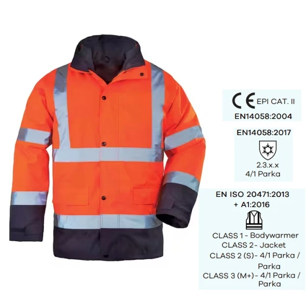Haina de lucru pentru iarna, HI-VIZ, 4 in 1, reflectorizanta, multifunctionala, impermeabila, ROADWAY 4IN1, portocaliu-albastru inchis, jacheta detasabila, geaca de iarna si vesta