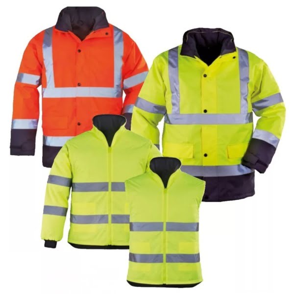 Haina de lucru pentru iarna, HI-VIZ, 4 in 1, reflectorizanta, multifunctionala, impermeabila, ROADWAY 4IN1, portocaliu-albastru inchis, jacheta detasabila, geaca de iarna si vesta