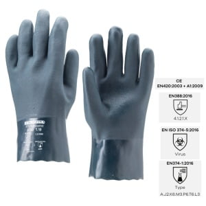 Manusi de protectie chimica, din PVC verde, EUROCHEM 3720, 27 cm, imersate pe palma pentru aderenta mai buna,  rezistenta la acizi, baze si uleiuri, protectie impotriva microorganismelor, Coverguard