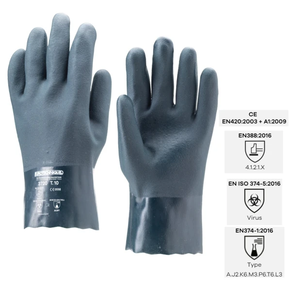 Manusi de protectie chimica, din PVC verde, EUROCHEM 3720, 27 cm, imersate pe palma pentru aderenta mai buna,  rezistenta la acizi, baze si uleiuri, protectie impotriva microorganismelor, Coverguard