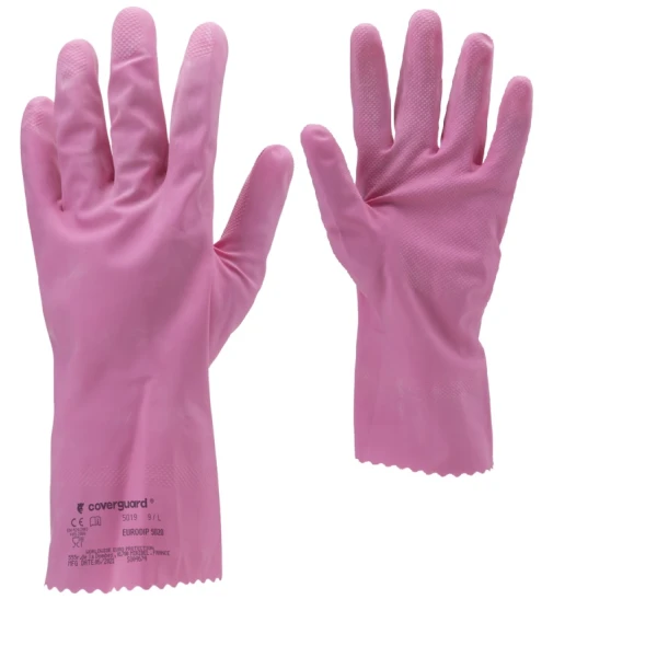 Manusi de menaj din latex roz, EURODIP 5020, lungime 30 cm, grosime 0,4mm, captusite cu bumbac, certificat Food Contact