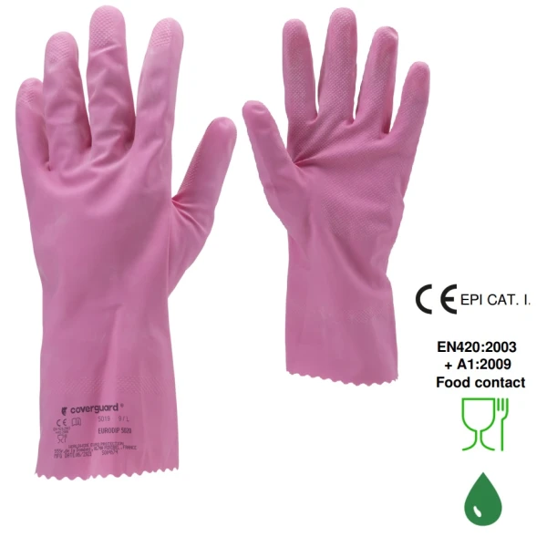 Manusi de menaj din latex roz, EURODIP 5020, lungime 30 cm, grosime 0,4mm, captusite cu bumbac, certificat Food Contact
