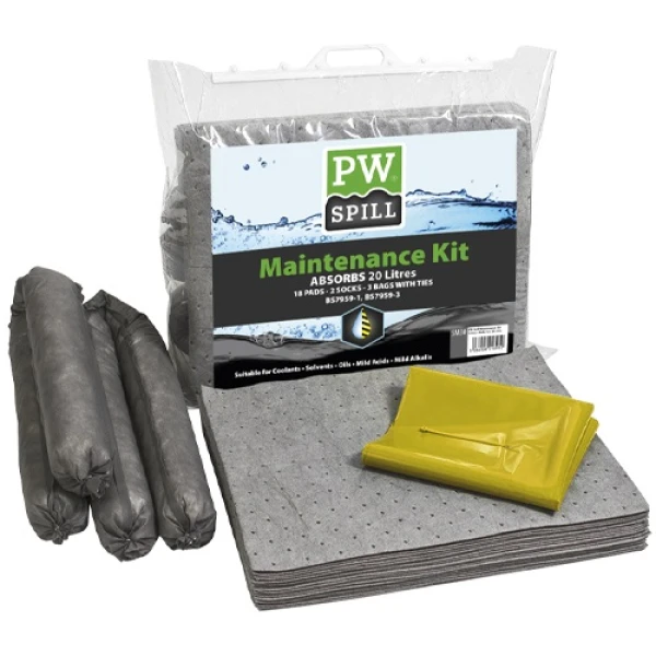 Kit absorbant gri, 20 litri, pentru absorbtie rapida in cazul scurgerii accidentale a unor lichide, 2 sosete, 20 paduri, certificat BS 7959-1, BS7959-3