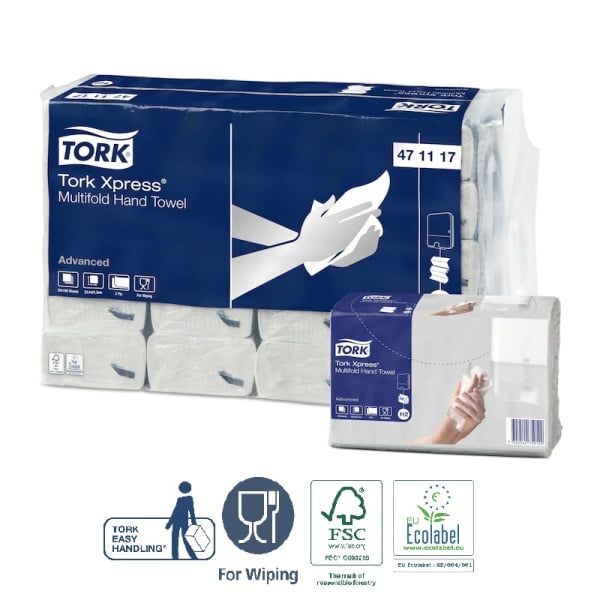 Prosoape de hartie Tork Xpress Multifold,  sistem H2, albe, 23.4 x 21.3 cm, 2 pliuri, 190 servetele/pach, 20 pach/bax