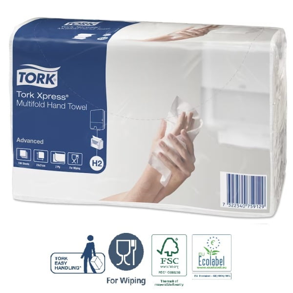 Prosoape de hartie Tork Xpress Multifold,  sistem H2, albe, 23.4 x 21.3 cm, 2 pliuri, 190 servetele/pach, 20 pach/bax