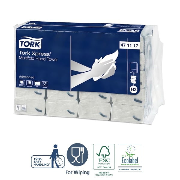 Prosoape de hartie Tork Xpress Multifold,  sistem H2, albe, 23.4 x 21.3 cm, 2 pliuri, 190 servetele/pach, 20 pach/bax