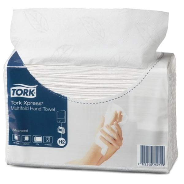 Prosoape de hartie Tork Xpress Multifold,  sistem H2, albe, 23.4 x 21.3 cm, 2 pliuri, 190 servetele/pach, 20 pach/bax