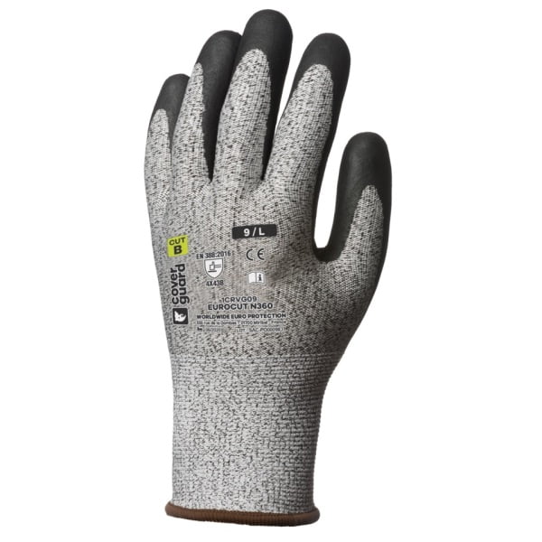 Manusi de protectie cu rezistenta la taiere 3/B, EUROCUT N360, gri-negru, imersie de micro-spuma de nitril pe palma, aderenta in mediu uscat, usor uleios, protectie mecanica ridicata, Coverguard
