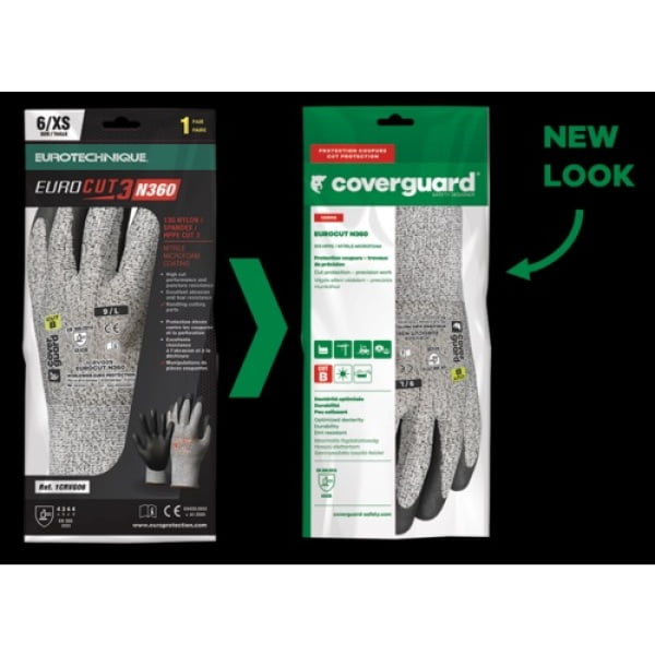 Manusi de protectie cu rezistenta la taiere 3/B, EUROCUT N360, gri-negru, imersie de micro-spuma de nitril pe palma, aderenta in mediu uscat, usor uleios, protectie mecanica ridicata, Coverguard