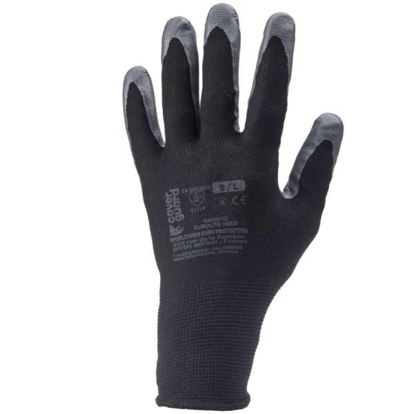 Manusi de protectie imersate in nitril pe palma, EUROLITE 1NIBB, negre, aderenta ridicata in medii uleioase si murdare, rezistenta la uzura, protectie impotriva dermatitei, marime 9