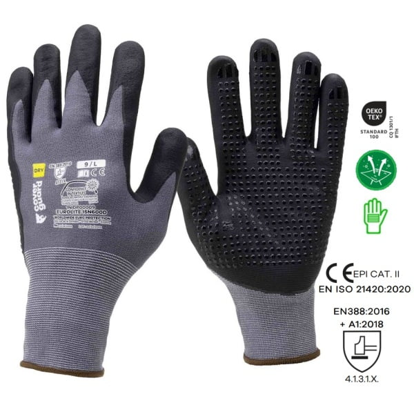 Manusi de protectie imersate in spuma de nitril cu picouri in palma, EUROLITE 15N600D, aderenta, rezistenta ridicata la abraziune, certificat OEKO-TEX Standard 100