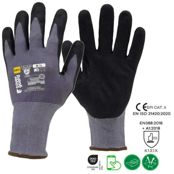 Manusi de protectie imersate in spuma de nitril, EUROLITE MAX25, aderenta, rezistenta ridicata la abraziune, adaptare la forma mainii dupa 3-5 minute, certificat OEKO-TEX Standard 100