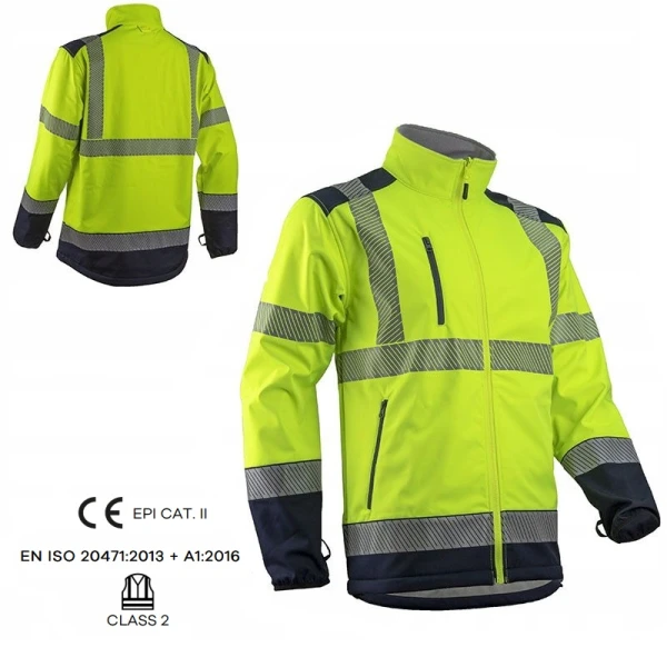CG5KAS160_Haina HI-VIZ Softshell KAZAN, galben-albastru inchis, impermeabila 3 000 mm, respirabila, cu dungi reflectorizante, inele pentru atasare geaca de iarna_princ Haina HI-VIZ Softshell KAZAN, galben-albastru inchis, impermeabila 3 000 mm, respirabila, cu dungi reflectorizante, inele pentru atasare geaca de iarna