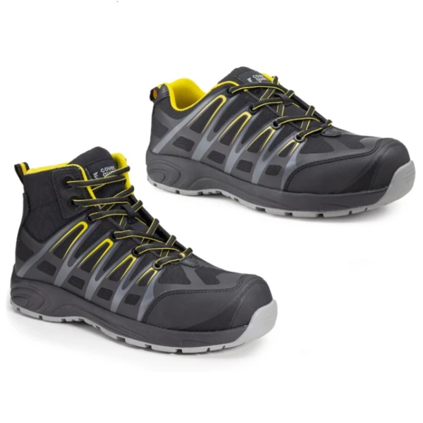 Pantofi de protectie usori S3 SRC Aluni, negru-galben, cu bombeu si lamela anti-perforatie din compozit, model sport, impermeabili, flexibili, comozi si usori