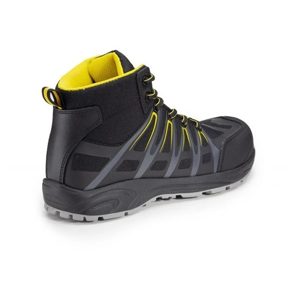 Bocanci de protectie usori S3 SRC Aluni, negru-galben, cu bombeu si lamela anti-perforatie din compozit, model sport, impermeabili, flexibili, comozi si usori