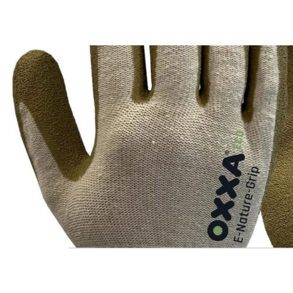 Manusi de protectie  OXXA E-Nature-Grip 52-000, suport poliester/bumbac reciclat, imersie de latex poros pe palma, aderenta ridicata in medii umede si uscate, confort si dexteritate, protectie mecanica si termica 200°C