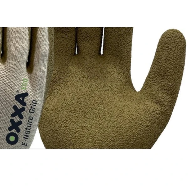 Manusi de protectie  OXXA E-Nature-Grip 52-000, suport poliester/bumbac reciclat, imersie de latex poros pe palma, aderenta ridicata in medii umede si uscate, confort si dexteritate, protectie mecanica si termica 200°C