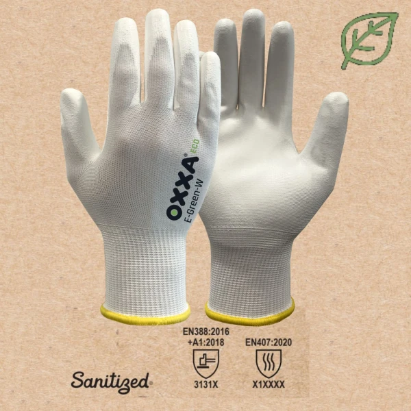 Manusi de protectie OXXA E-Green-W 52-100, suport poliester reciclat, imersie de poliuretan moale, pentru aplicatii de precizie, simt tactil, protectie mecanica si termica 100°C