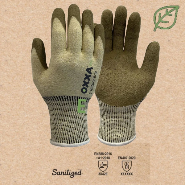 Manusi de protectie  OXXA E-Nature-Grip Cut E 52-710, protectie mecanica 3X42, taiere E si termica 100°C, imersie de latex poros pe palma, aderenta ridicata in medii umede si uscate, confort si dexteritate