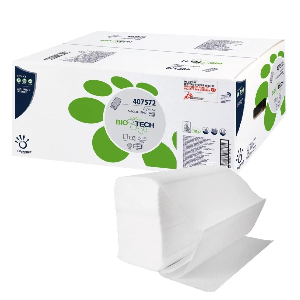Prosoape de hartie pliate V, BioTech, Papernet 407572, celuloza pura, alb, 2 straturi, 21x22cm, certificat Ecolabel, 210 servetele/pachet, 15 pachet/bax