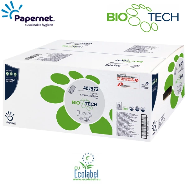 Prosoape de hartie pliate V, BioTech, Papernet 407572, celuloza pura, alb, 2 straturi, 21x22cm, certificat Ecolabel, 210 servetele/pachet, 15 pachet/bax