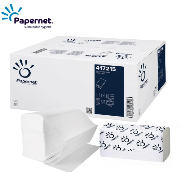 Prosoape de hartie pliate V Papernet 417215, celuloza pura, 2 straturi, alb, 21 x 24cm, certificate  Ecolabel, Food Contact, 150 servetele/pachet, 20 pachete/bax