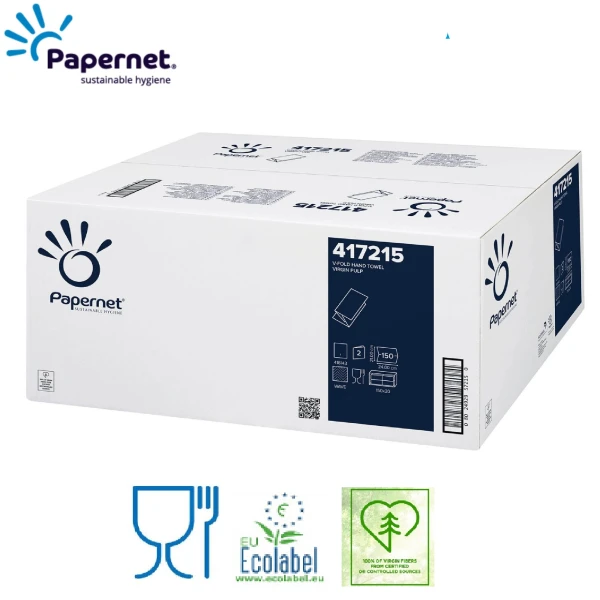 SD417215_Prosoape de hartie pliate V Papernet 417215, celuloza pura, 2 straturi, alb, 21 x 24cm, certificate Ecolabel, Food Contact, 150 bucpachet, 20 pachetebax_princ Prosoape de hartie pliate V Papernet 417215, celuloza pura, 2 straturi, alb, 21 x 24cm, certificate  Ecolabel, Food Contact, 150 servetele/pachet, 20 pachete/bax