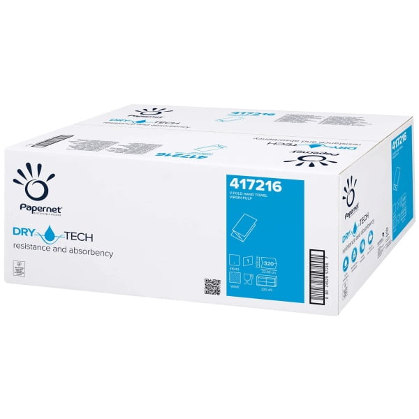 Prosoape de hartie pliate V, Dry Tech, Papernet 417216, celuloza, 1 strat, alb, 21 x 22 cm, certificate  Ecolabel, Food Contact, 320 servetele/pachet, 15 pachete/bax
