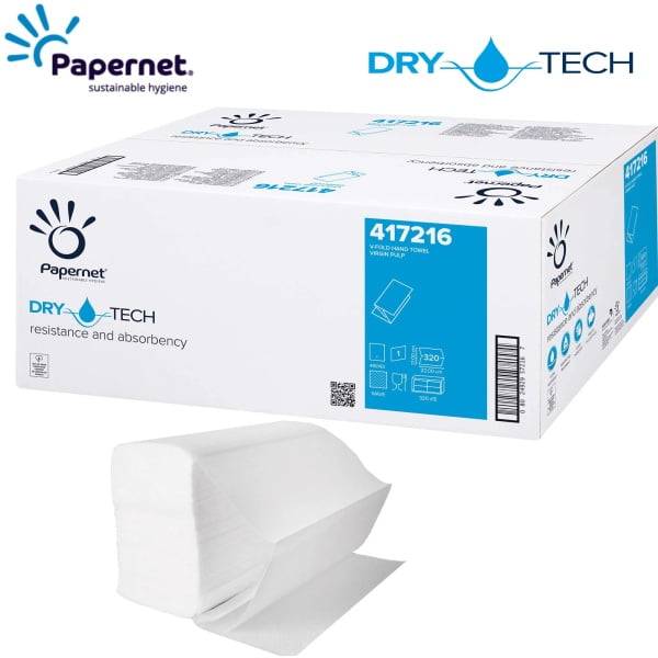 Prosoape de hartie pliate V, Dry Tech, Papernet 417216, celuloza, 1 strat, alb, 21 x 22 cm, certificate  Ecolabel, Food Contact, 320 servetele/pachet, 15 pachete/bax
