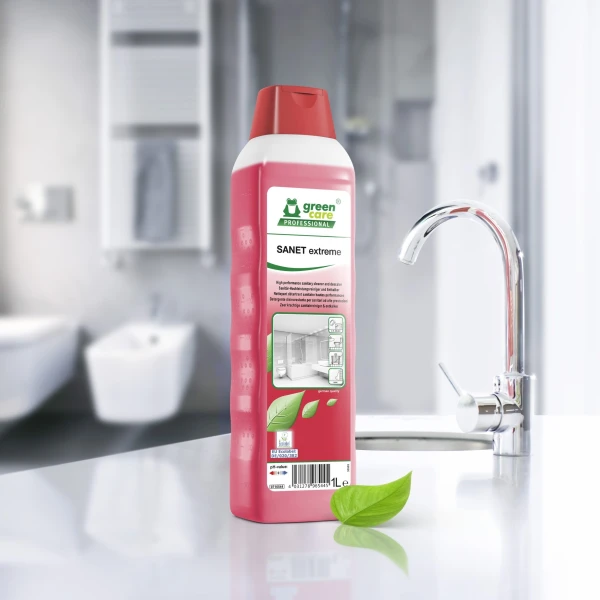 Detergent detartrant ecologic, concentrat, SANET EXTREME, pentru spatii sanitare, bai, toalete, 1L, certificat Ecolabel, CLP Free, Biodegradabil complet