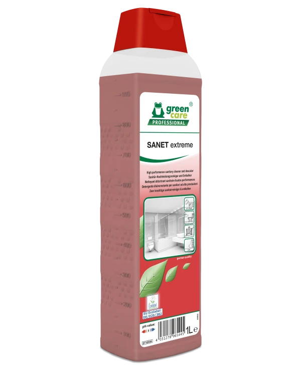 Detergent detartrant ecologic, concentrat, SANET EXTREME, pentru spatii sanitare, bai, toalete, 1L, certificat Ecolabel, CLP Free, Biodegradabil complet