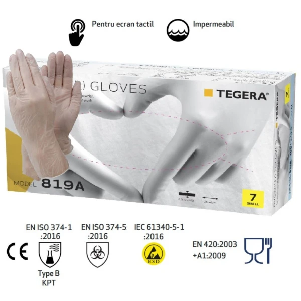 TG819A_Manusi de vinil, nepudrate, de unica folosinta, Tegera 819A, 0,08 mm, fara latex, certificate ESD si folosire in industria alimentara, EN ISO 374, 100 buc_cutie_1 Manusi de vinil, nepudrate, de unica folosinta, Tegera 819A, 0,08 mm, fara latex, certificate ESD si folosire in industria alimentara, EN ISO 374, 100 buc/cutie
