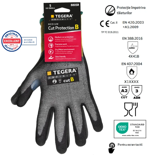 Manusi de protectie anti-taiere nivel B, Tegera 8805R, imersie spuma de nitril, intarite intre degetul mare si aratator, pentru manipulari ușoare, protectie termica maxim 100°C, certificate Food Contact, ambalate individual