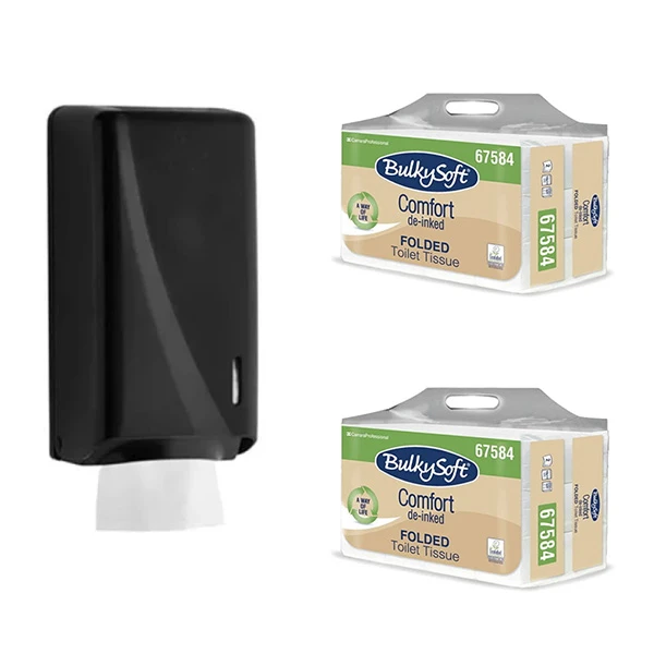 Dozator hartie igienica negru GRATUIT + 2 baxuri hartie igienica intercalata bulk