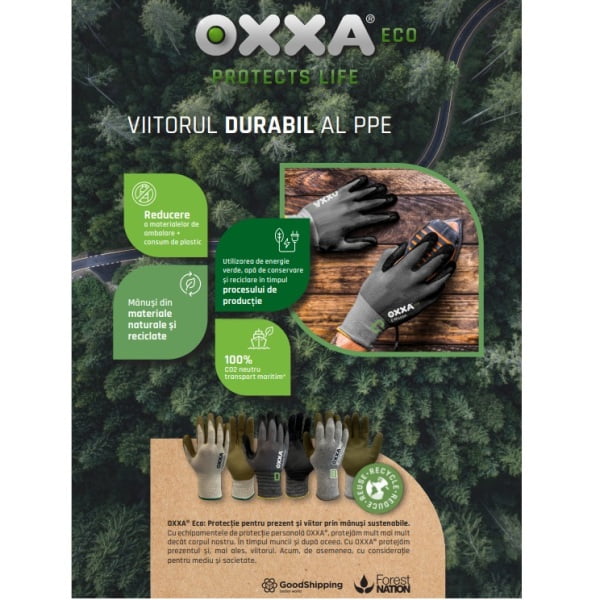 Manusi de protectie  OXXA E-Nature-Grip-Lite 52-025, suport poliester reciclat, imersie de latex poros pe palma, aderenta ridicata in medii umede si uscate, confort si dexteritate, protectie mecanica si termica 100°C