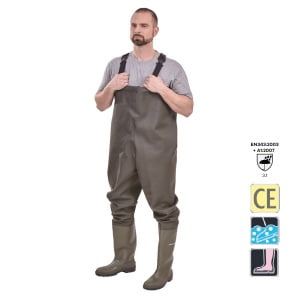 Pantalon de protectie cu cizme incorporate, tip pescar, impermeabili, Dunlop, pantalon si cizme din PVC, asigura protectie in activitatile desfasurate in apa