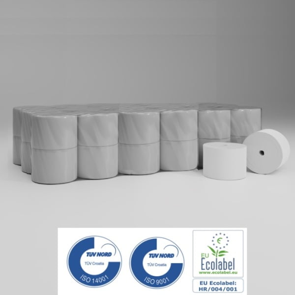 Hartie igienica cu derulare centrala fara tub Delt Papir T220, alba, 216 m, 2 straturi, 1136 portii, latime 13.4 cm, 6 role/bax