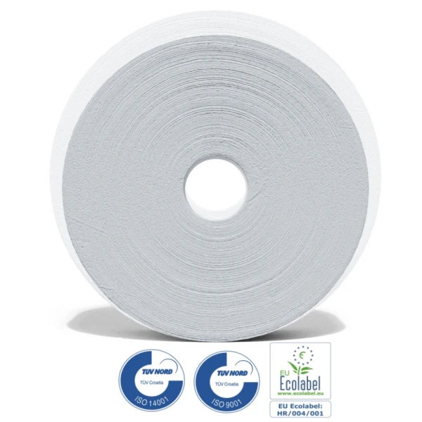 Hartie igienica cu derulare centrala fara tub Delt Papir T220, alba, 216 m, 2 straturi, 1136 portii, latime 13.4 cm, 6 role/bax