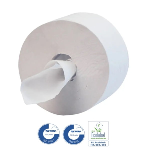 Hartie igienica cu derulare centrala fara tub Delt Papir T220, alba, 216 m, 2 straturi, 1136 portii, latime 13.4 cm, 6 role/bax
