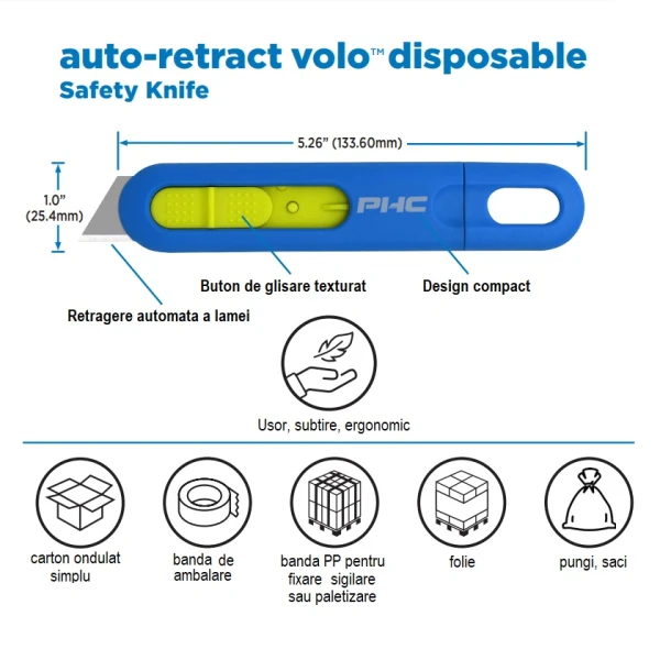 Cutter cu lama din otel-carbon, autoretractabila, VOLO disposable auto-retract safety knife, usor, subtire, rezistent, ergonomic, pentru sarcini de taiere cu volum mare de lucru