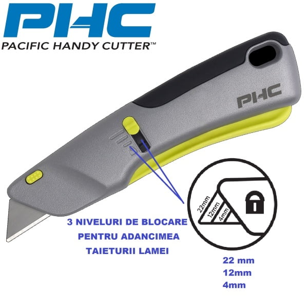 Cutter cu lama din otel-carbon, autoretractabila, VICTA auto-retract safety knife, maner metalic, 3 niveluri de blocare a lamei, robust, performant, versatil, ergonomic