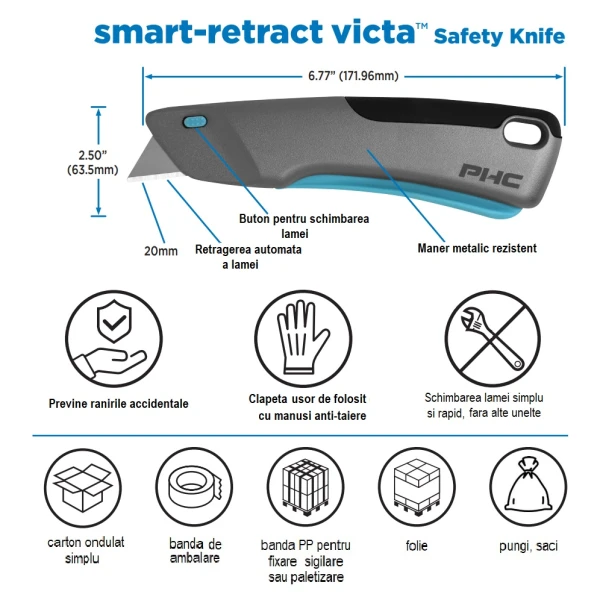 Cutter cu lama din otel-carbon, autoretractabila, VICTA smart-retract safety knife, maner metalic si lama inteligenta ce se retrage imediat ce lama pierde contactul cu materialul de taiat