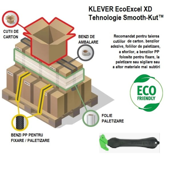 Cutter profesional pentru taierea ambalajelor, cu maner 100% din material reciclat, Klever Eco Excel XD, negru, lama din otel, incorporata, in maner, ergonomic, rezistent, Smooth-Kut™