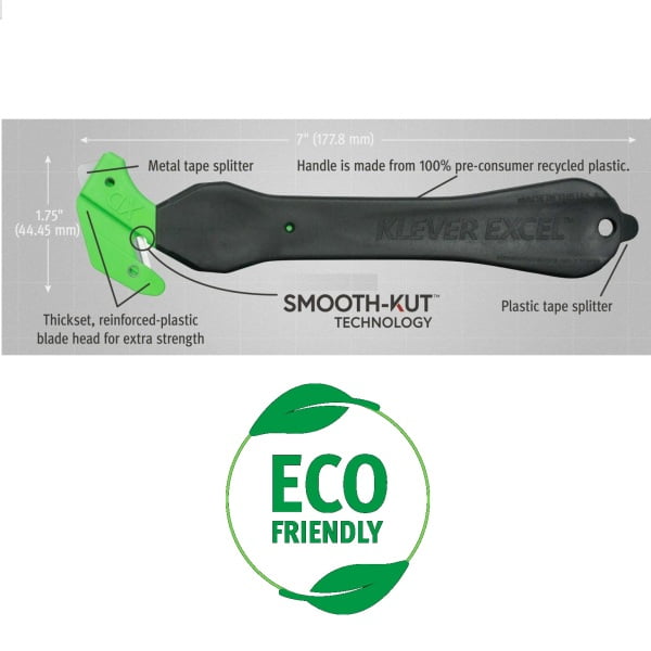 Cutter profesional pentru taierea ambalajelor, cu maner 100% din material reciclat, Klever Eco Excel XD, negru, lama din otel, incorporata, in maner, ergonomic, rezistent, Smooth-Kut™