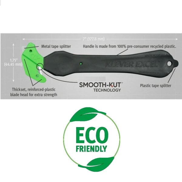 Cutter profesional pentru taierea ambalajelor, cu maner 100% din material reciclat, Klever Eco Excel XD, negru, lama din otel, incorporata, in maner, ergonomic, rezistent, Smooth-Kut™
