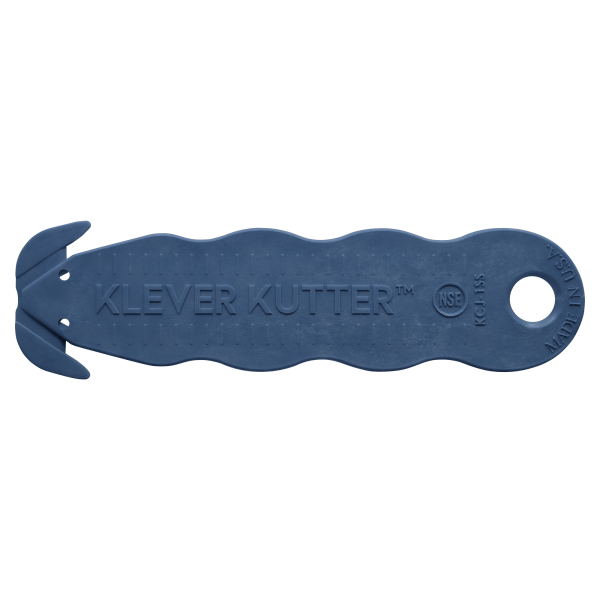 Cutter profesional detectabil pentru taierea ambalajelor produselor alimentare, Klever Kutter, Metal Detectable, albastru inchis, lama dubla din inox, incorporata, certificat pentru industria alimentara, ISO 22196, tratat KLEEN™ Antimicrobial