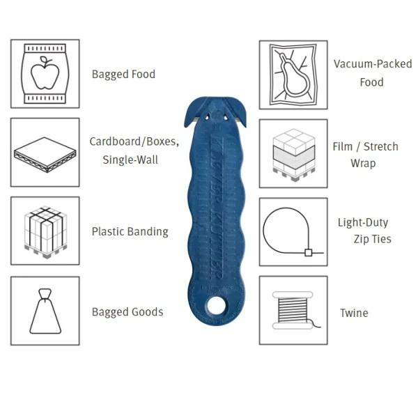 Cutter profesional detectabil pentru taierea ambalajelor produselor alimentare, Klever Kutter, Metal Detectable, albastru inchis, lama dubla din inox, incorporata, certificat pentru industria alimentara, ISO 22196, tratat KLEEN™ Antimicrobial