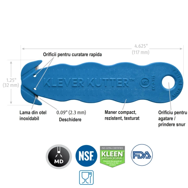 Cutter profesional detectabil pentru taierea ambalajelor produselor alimentare, Klever Kutter, Metal Detectable, albastru inchis, lama dubla din inox, incorporata, certificat pentru industria alimentara, ISO 22196, tratat KLEEN™ Antimicrobial