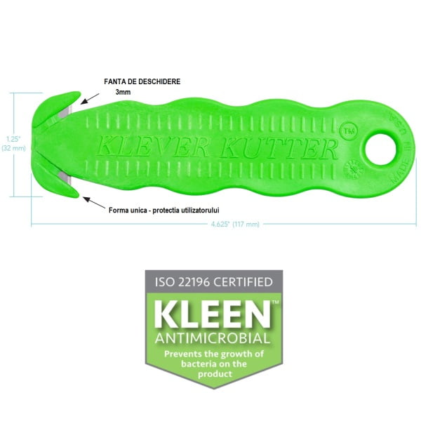 Cutter profesional pentru taierea ambalajelor, Klever KLEEN ™ Kutter, verde, lama din otel,  incorporata, in maner, pentru protectia mainilor utilizatorului, maner ergonomic, ISO 22196, tratat KLEEN™ Antimicrobial