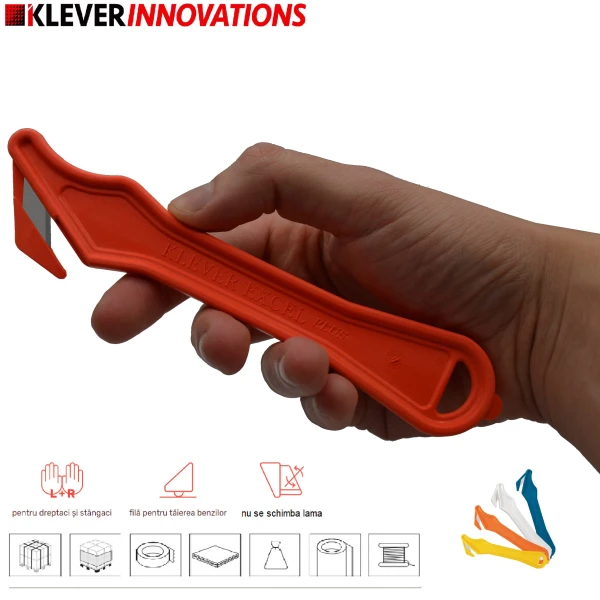 Cutter profesional pentru taierea ambalajelor mai groase, Klever Excel PLUS, portocaliu, lama din otel-carbon, incorporata in maner, ergonomic si rezistent